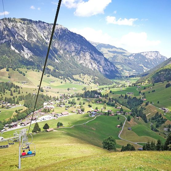 Foto Blick auf Schwenden von der Sesselbahn der Grimmialpbergbahn aus - zum Foto