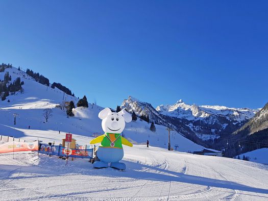 Foto Skischulmaskottchen Snowli im Skischulgelände Grimmialp - zum Foto