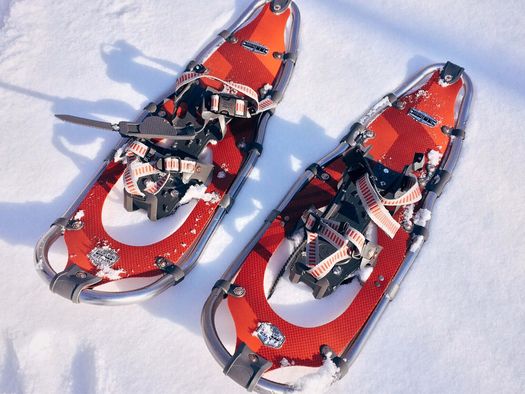 Foto zwei rote Schneeschuhe liegen auf dem Schnee - zum Foto