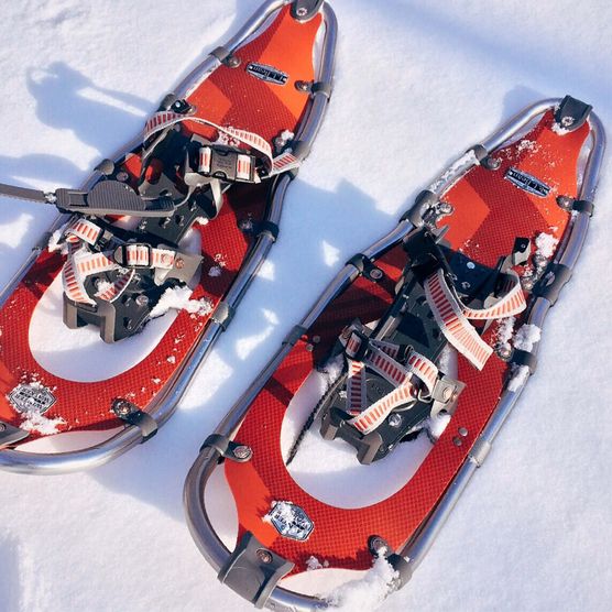 Foto zwei rote Schneeschuhe liegen auf dem Schnee - zum Foto