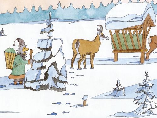 Originalzeichnung des Grimmimutz, wie er im Winter die Tiere füttert