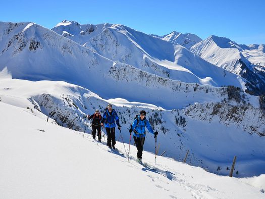 Foto Gruppe von Skiturenläufern unterwegs in den bestehenden Spuren - zum Foto