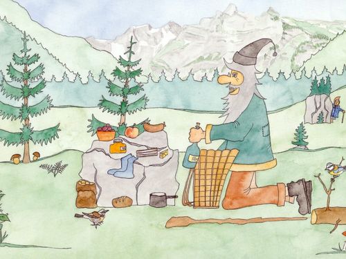 Zeichnung des Grimmimutz, wie er draussen in der Natur sein Picknick auspackt