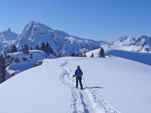 Foto Einzelne Schneeschuhläuferin läuft auf dem Meniggrat - zum Foto
