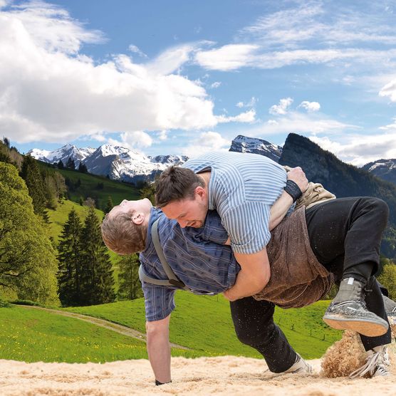 Foto Zwei Schwinger im Kampf, im Hintergrund das Bergpanorama des Diemtigtals - zum Foto